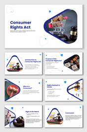 Consumer Rights Act presentation slides showing legal protection, consumer rights, goods quality, and justice icons.