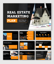 Real Estate Marketing Plan slides with house model, charts, text boxes, icons, black orange theme and clean layout shapes.