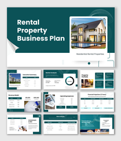 The Rental Property Business Plan slides display a modern house image, charts, tables, text boxes, and teal layout shapes.