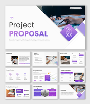 The Project Proposal slides show team planning photos, timelines, budget tables, icons, and purple white layout shapes!