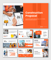 The Construction Proposal slides show site plans on tablet, workers, timelines, budget charts, and orange layout shapes.
