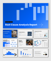 The Root Cause Analysis Report slides show problem charts, fishbone diagrams, 5 Whys tables, and blue layout shapesplus.