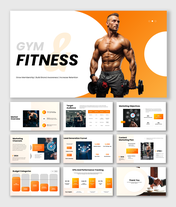 The Gym and Fitness Marketing slides show muscular athlete, dumbbells, funnels, KPI tables, and bold orange layout shapes.
