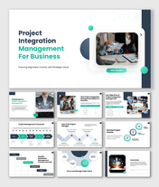 The Project Integration Management slides show team collaboration images, process flows, charts, icons, and teal shapes.