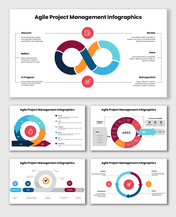 The Agile Project Management infographics show sprint cycles, flow diagrams, icons, process charts, and colorful shapes.