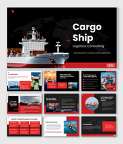The Cargo Ship Logistics Consulting slides show container ship, world map routes, charts, icons, and red black shapes.