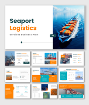 The Seaport Logistics Services Business Plan slides show cargo ships, port charts, service icons, and blue orange layouts.