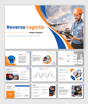 The Reverse Logistic Project Proposal slides show return flow diagrams, icons, charts, and blue orange layout shapes