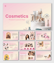 The Cosmetics Product Launch slides show beauty products, market charts, icons, and soft pink gradient layout designs.