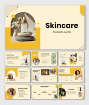 The Skincare Product Launch slides show beauty bottles, market charts, icons, and soft beige yellow layout designs.