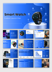 The Smart Watch Product Launch slides show wearable device visuals, charts, icons, and blue modern tech layouts.