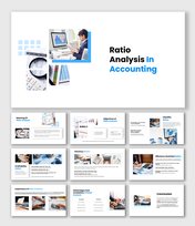 The Ratio Analysis in Accounting slides show financial charts, calculators, tables, icons, and blue clean layout designs.
