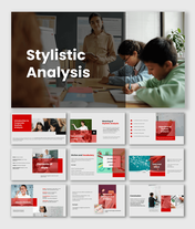 The Stylistic Analysis slides show classroom visuals, text examples, icons, and red white modern layout designs.