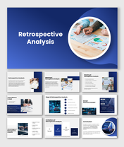 The Retrospective Analysis slides show data charts, review steps, business visuals, icons, and blue clean layouts.