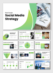 Real estate social media strategy presentation template with content plan, ads strategy, lead funnel, KPIs, and growth.