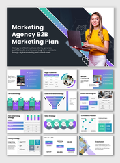 B2B marketing agency slides show targets, funnels, pricing, ads, charts, and modern business layouts for teams.