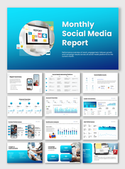 Monthly social media report slides with KPIs, engagement charts, growth metrics, ads results, and campaign insights.