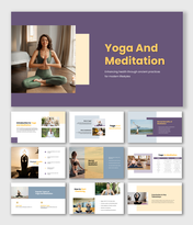 Yoga and Meditation slides with woman meditating, benefit charts, comparison tables, text boxes, purple beige shapes.