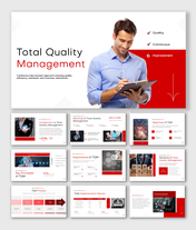 Total Quality Management focuses on continuous improvement, quality control, teamwork, and customer satisfaction.
