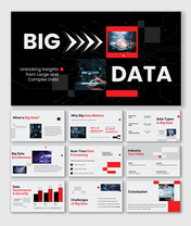 Big Data presentation template covering analytics, data types, real-time processing, use cases, and insights.