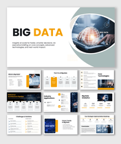 Big Data presentation template covering analytics, data types, real-time processing, use cases, and insights.