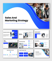 Sales and marketing strategy PPT with goals, analysis, target audience, digital tools, and performance growth plan.