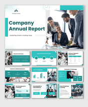 Modern company annual report PPT highlighting growth, financial performance, market trends, strategy, innovation.