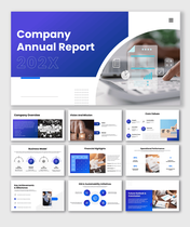 Professional company annual report PPT presenting overview, financial highlights, performance metrics, ESG initiatives.