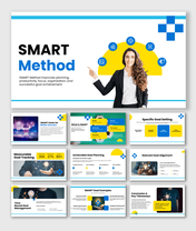 SMART method presentation focused on goal setting, productivity, planning, and measurable success.