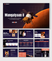 Mangalyaan 2 presentation covering mission goals, spacecraft design, technologies, timeline, payloads, and Mars exploration.