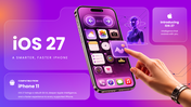iOS 27 PowerPoint template showcasing Apple Intelligence, Siri AI, features, roadmap, and updates. - slide 1