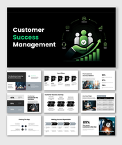 Customer Success Management PPT covering customer journeys, retention, engagement, success metrics, and growth strategies.
