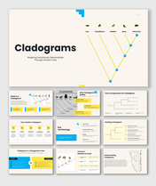 Cladograms PPT explaining evolutionary relationships, shared traits, terminology, construction, and phylogenetic trees.