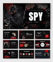 SPY PPT featuring espionage concepts, spy skills, surveillance, disguises, secret missions, gadgets, and challenges.