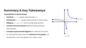 Asymptotes presentation explaining vertical, horizontal, and oblique asymptotes with graphs, formulas, and examples. - slide 10
