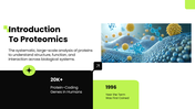 Proteomics presentation showing protein analysis, extraction, separation, mass spectrometry, identification, quantification. - slide 2