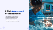 Neonatal resuscitation guide showing newborn assessment, ventilation, CPR, oxygen therapy, and care. - slide 4