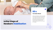 Neonatal resuscitation guide showing newborn assessment, ventilation, CPR, oxygen therapy, and care. - slide 5