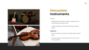 Musical instruments featuring guitar, drums, violin, piano, and brass instruments with their types. - slide 5