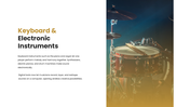 Musical instruments featuring guitar, drums, violin, piano, and brass instruments with their types. - slide 6