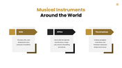 Musical instruments featuring guitar, drums, violin, piano, and brass instruments with their types. - slide 7