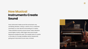 Musical instruments featuring guitar, drums, violin, piano, and brass instruments with their types. - slide 8