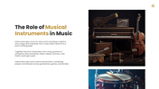 Musical instruments featuring guitar, drums, violin, piano, and brass instruments with their types. - slide 9