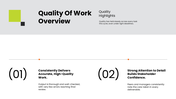 Employee performance review covering goals, productivity, teamwork, communication, strengths, and development. - slide 5
