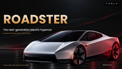 Roadster electric hypercar with dark orange theme, charts, timelines, tables, text holders and editable shapes. - slide 1