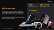 Roadster electric hypercar with dark orange theme, charts, timelines, tables, text holders and editable shapes. - slide 2