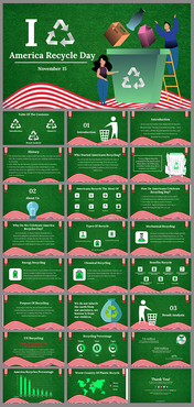 Slide deck featuring green textured background with white and red wave accents, showcasing recycling themed illustrations.