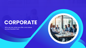 Corporate pyramid model with five horizontal layers in blue shades, each representing descriptions on the right. - slide 1