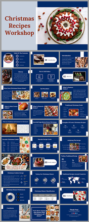 Christmas recipes workshop presentation slides featuring traditional dishes, starters, and global recipes on a blue backdrop.