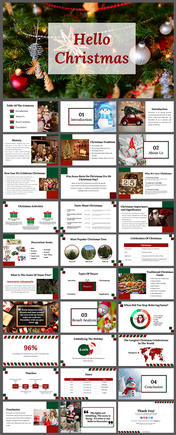 Slide deck showing Christmas traditions, history, activities, and holiday significance with vibrant colors.